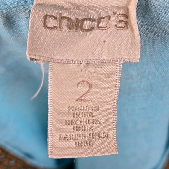 Chico's Size 2 (US Medium) Light Blue Tunic Gold Beaded 100% Linen 3/4 Sleeves - Picture 10 of 13